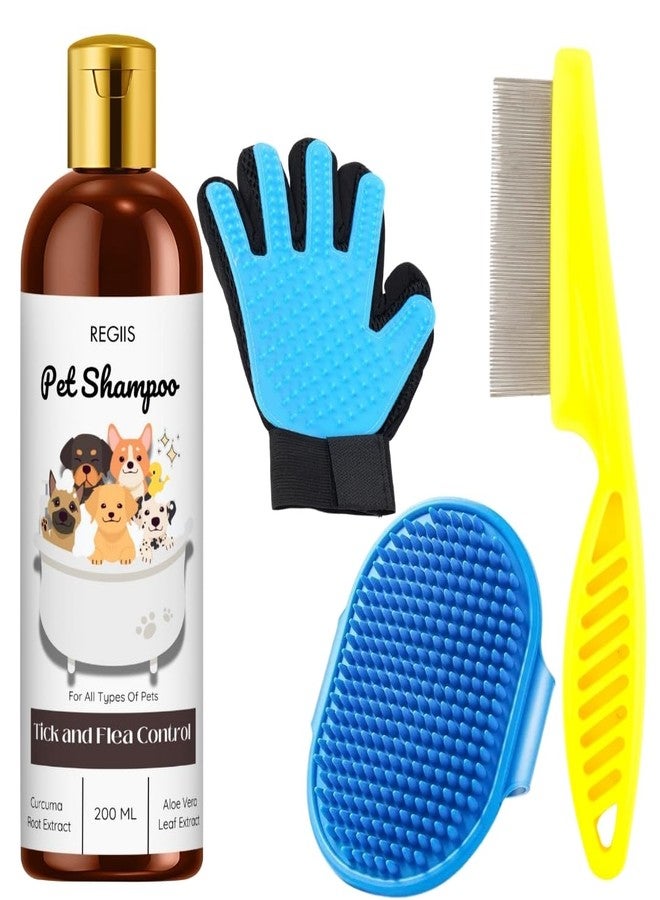Regiis Pet Shampoo Set with Grooming Brush, Glove, Comb, Tick and Flea Control, 200ml, Blue and Yellow Accessories for All Types of Pets(PACK OF 4) - Image 1